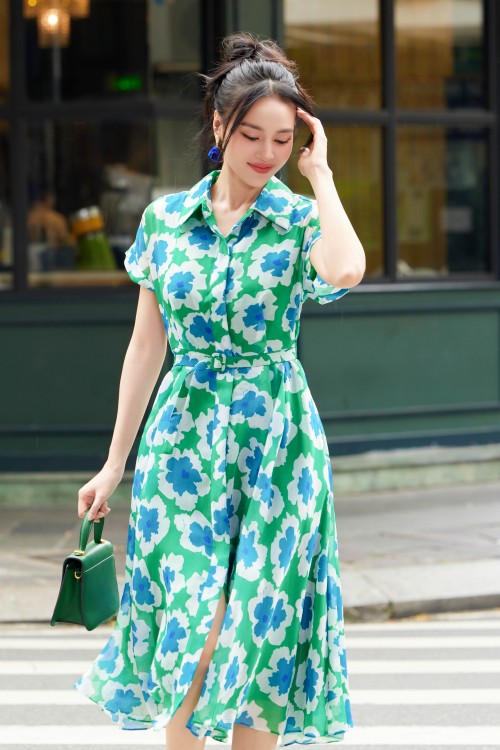 Sixdo Green Flower Cap Sleeves Midi Dress